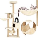 Petshop - Accesorii petshop - Jucarii animale - Ansambluri de joaca - Ansamblu joaca pisici loc zgariat ascunzatoare culcus hamac minge, 154 cm, stalpi sisal, crem - Infinity.ro