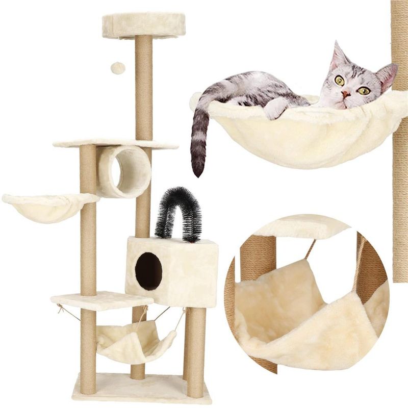 Petshop - Accesorii petshop - Jucarii animale - Ansambluri de joaca - Ansamblu joaca pisici loc zgariat ascunzatoare culcus hamac minge, 154 cm, stalpi sisal, crem - Infinity.ro