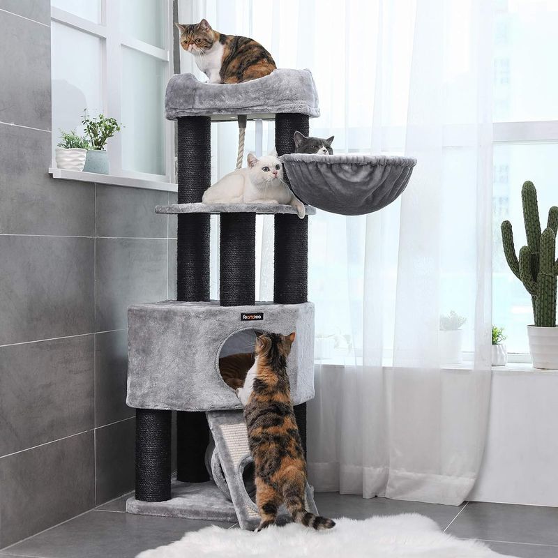 Petshop - Accesorii petshop - Jucarii animale - Ansambluri de joaca - Ansamblu joaca pisici tip copac 2 culcusuri 2 ascunzatoare, 50x50x141 cm, stalpi sisal, gri - Infinity.ro