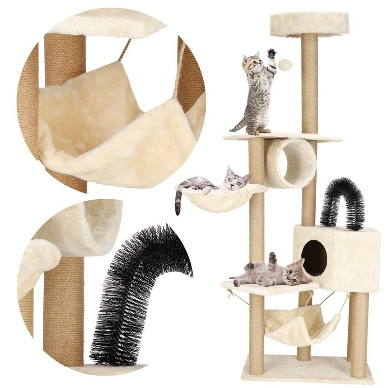 Petshop - Accesorii petshop - Jucarii animale - Ansambluri de joaca - Ansamblu joaca pisici loc zgariat ascunzatoare culcus hamac minge, 154 cm, stalpi sisal, crem - Infinity.ro