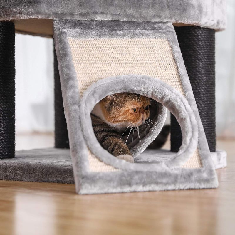 Petshop - Accesorii petshop - Jucarii animale - Ansambluri de joaca - Ansamblu joaca pisici tip copac 2 culcusuri 2 ascunzatoare, 50x50x141 cm, stalpi sisal, gri - Infinity.ro
