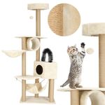 Petshop - Accesorii petshop - Jucarii animale - Ansambluri de joaca - Ansamblu joaca pisici loc zgariat ascunzatoare culcus hamac minge, 154 cm, stalpi sisal, crem - Infinity.ro