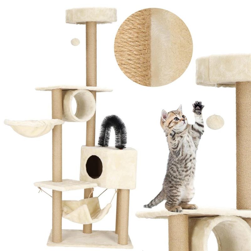 Petshop - Accesorii petshop - Jucarii animale - Ansambluri de joaca - Ansamblu joaca pisici loc zgariat ascunzatoare culcus hamac minge, 154 cm, stalpi sisal, crem - Infinity.ro