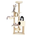 Petshop - Accesorii petshop - Jucarii animale - Ansambluri de joaca - Ansamblu joaca pisici loc zgariat ascunzatoare culcus hamac minge, 154 cm, stalpi sisal, crem - Infinity.ro