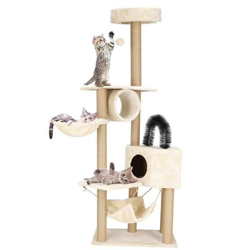 Petshop - Accesorii petshop - Jucarii animale - Ansambluri de joaca - Ansamblu joaca pisici loc zgariat ascunzatoare culcus hamac minge, 154 cm, stalpi sisal, crem - Infinity.ro