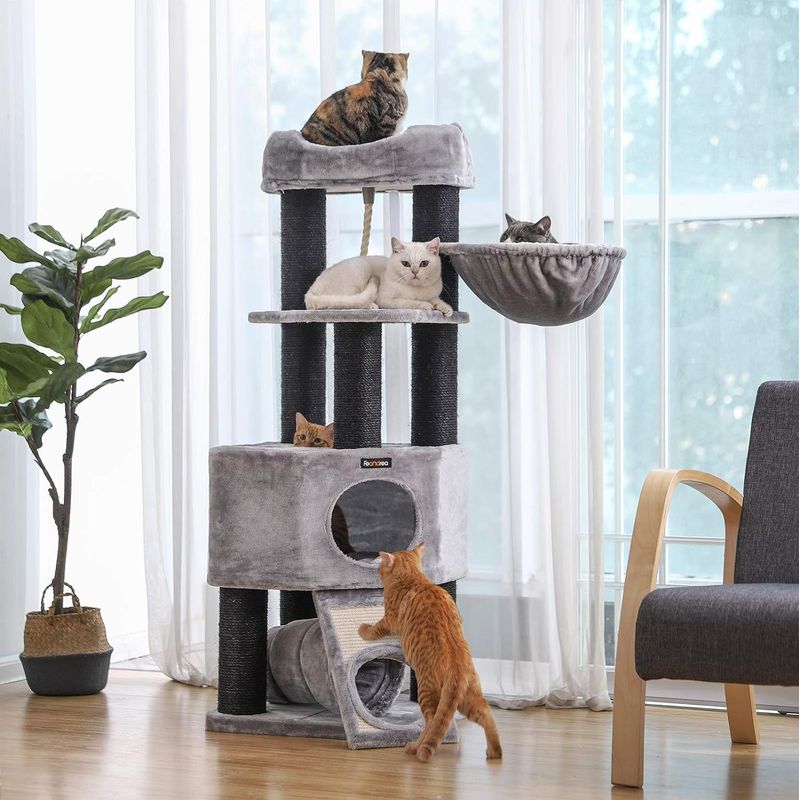 Petshop - Accesorii petshop - Jucarii animale - Ansambluri de joaca - Ansamblu joaca pisici tip copac 2 culcusuri 2 ascunzatoare, 50x50x141 cm, stalpi sisal, gri - Infinity.ro