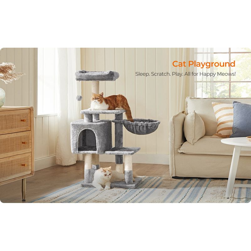 Petshop - Accesorii petshop - Jucarii animale - Ansambluri de joaca - Ansamblu joaca pisici tip copac cu culcus ascunzatoare, 50x40x110 cm, stalpi sisal, gri deschis - Infinity.ro