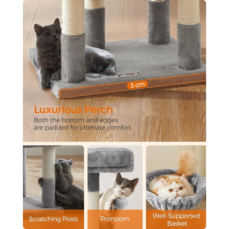 Petshop - Accesorii petshop - Jucarii animale - Ansambluri de joaca - Ansamblu joaca pisici tip copac cu culcus ascunzatoare, 50x40x110 cm, stalpi sisal, gri deschis - Infinity.ro