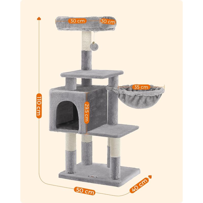 Petshop - Accesorii petshop - Jucarii animale - Ansambluri de joaca - Ansamblu joaca pisici tip copac cu culcus ascunzatoare, 50x40x110 cm, stalpi sisal, gri deschis - Infinity.ro