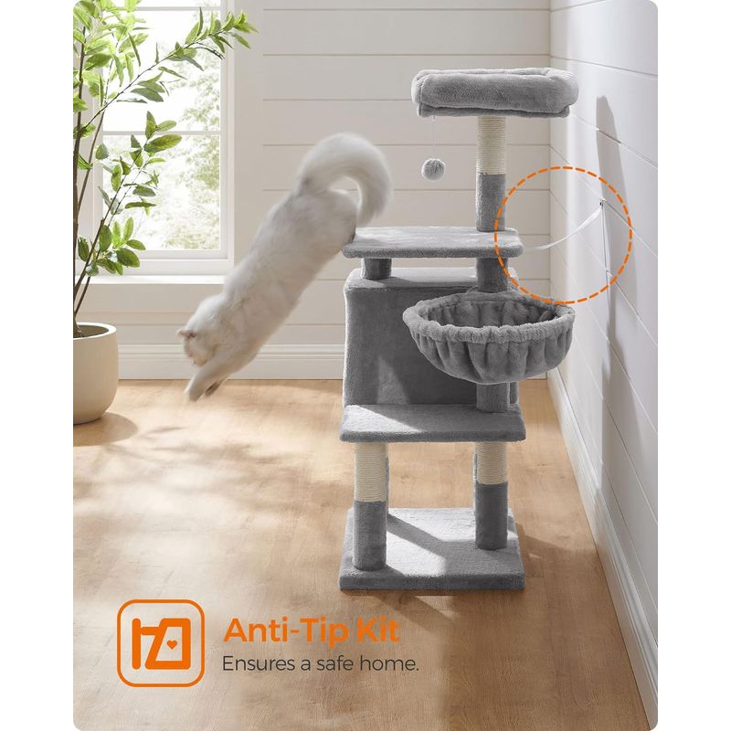 Petshop - Accesorii petshop - Jucarii animale - Ansambluri de joaca - Ansamblu joaca pisici tip copac cu culcus ascunzatoare, 50x40x110 cm, stalpi sisal, gri deschis - Infinity.ro