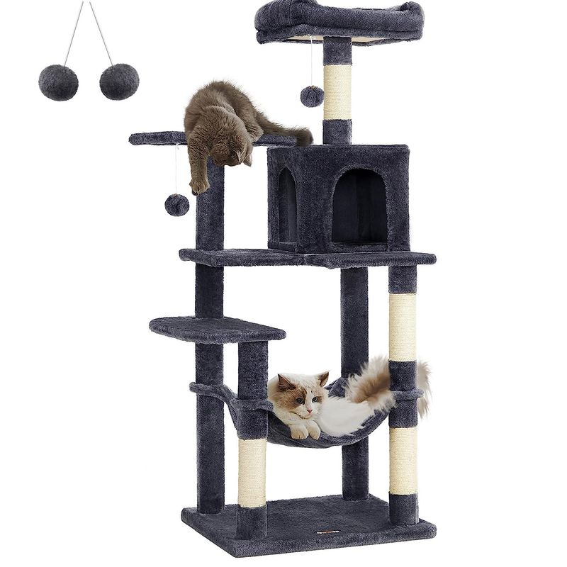 Petshop - Accesorii petshop - Jucarii animale - Ansambluri de joaca - Ansamblu de joaca pentru pisici, tip copac, cu culcus, hamac si ascunzatoare, 55x45x143cm, gri inchis - Infinity.ro