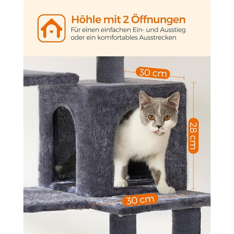 Petshop - Accesorii petshop - Jucarii animale - Ansambluri de joaca - Ansamblu de joaca pentru pisici, tip copac, cu culcus, hamac si ascunzatoare, 55x45x143cm, gri inchis - Infinity.ro