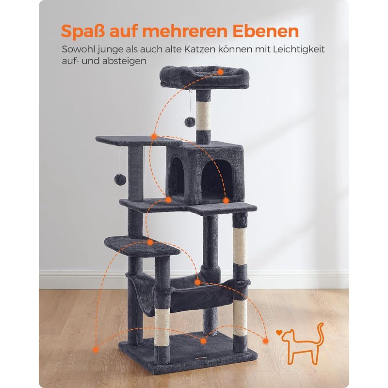 Petshop - Accesorii petshop - Jucarii animale - Ansambluri de joaca - Ansamblu de joaca pentru pisici, tip copac, cu culcus, hamac si ascunzatoare, 55x45x143cm, gri inchis - Infinity.ro