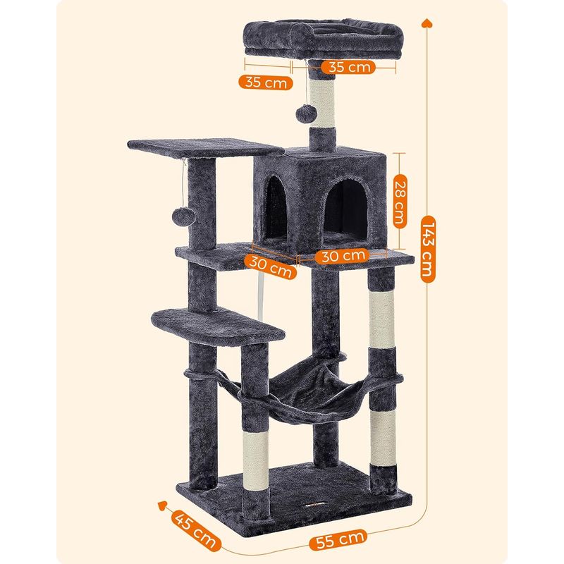 Petshop - Accesorii petshop - Jucarii animale - Ansambluri de joaca - Ansamblu de joaca pentru pisici, tip copac, cu culcus, hamac si ascunzatoare, 55x45x143cm, gri inchis - Infinity.ro