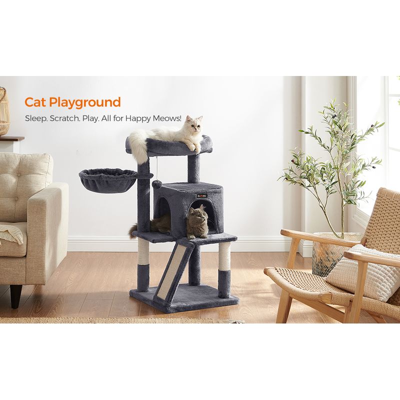 Petshop - Accesorii petshop - Jucarii animale - Ansambluri de joaca - Ansamblu de joaca pentru pisici, tip copac, cu 2 culcusuri si ascunzatoare, 48x48x96cm, gri inchis - Infinity.ro