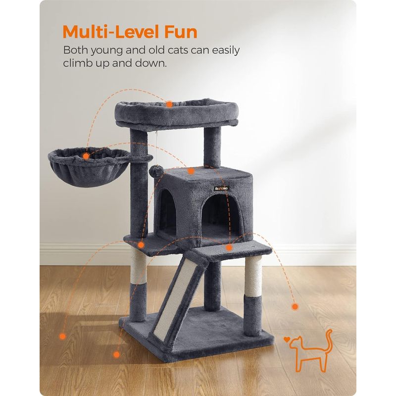 Petshop - Accesorii petshop - Jucarii animale - Ansambluri de joaca - Ansamblu de joaca pentru pisici, tip copac, cu 2 culcusuri si ascunzatoare, 48x48x96cm, gri inchis - Infinity.ro