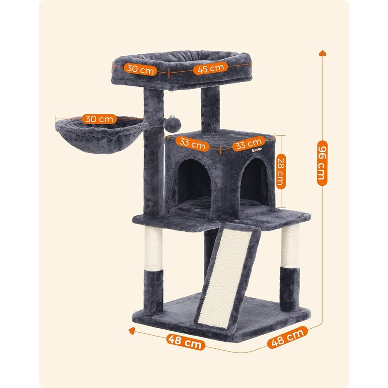 Petshop - Accesorii petshop - Jucarii animale - Ansambluri de joaca - Ansamblu de joaca pentru pisici, tip copac, cu 2 culcusuri si ascunzatoare, 48x48x96cm, gri inchis - Infinity.ro
