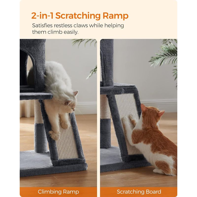 Petshop - Accesorii petshop - Jucarii animale - Ansambluri de joaca - Ansamblu de joaca pentru pisici, tip copac, cu 2 culcusuri si ascunzatoare, 48x48x96cm, gri inchis - Infinity.ro