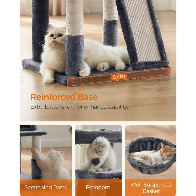 Petshop - Accesorii petshop - Jucarii animale - Ansambluri de joaca - Ansamblu de joaca pentru pisici, tip copac, cu 2 culcusuri si ascunzatoare, 48x48x96cm, gri inchis - Infinity.ro