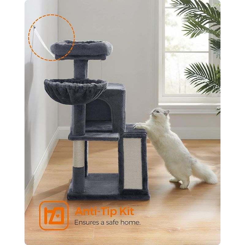 Petshop - Accesorii petshop - Jucarii animale - Ansambluri de joaca - Ansamblu de joaca pentru pisici, tip copac, cu 2 culcusuri si ascunzatoare, 48x48x96cm, gri inchis - Infinity.ro