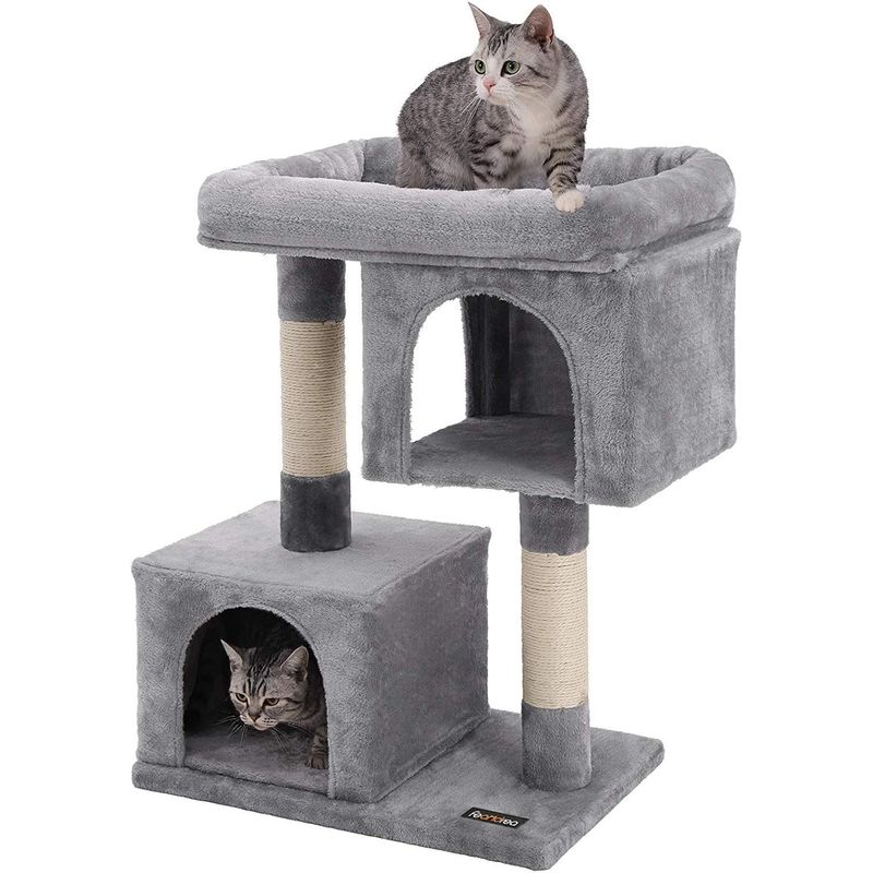 Petshop - Accesorii petshop - Jucarii animale - Ansambluri de joaca - Ansamblu de joaca pentru pisici, plus si sisal, 2 ascunzatori si platforma mare, 60x40x84 cm, gri - Infinity.ro