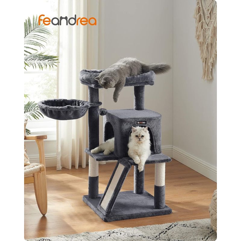 Petshop - Accesorii petshop - Jucarii animale - Ansambluri de joaca - Ansamblu de joaca pentru pisici, tip copac, cu 2 culcusuri si ascunzatoare, 48x48x96cm, gri inchis - Infinity.ro