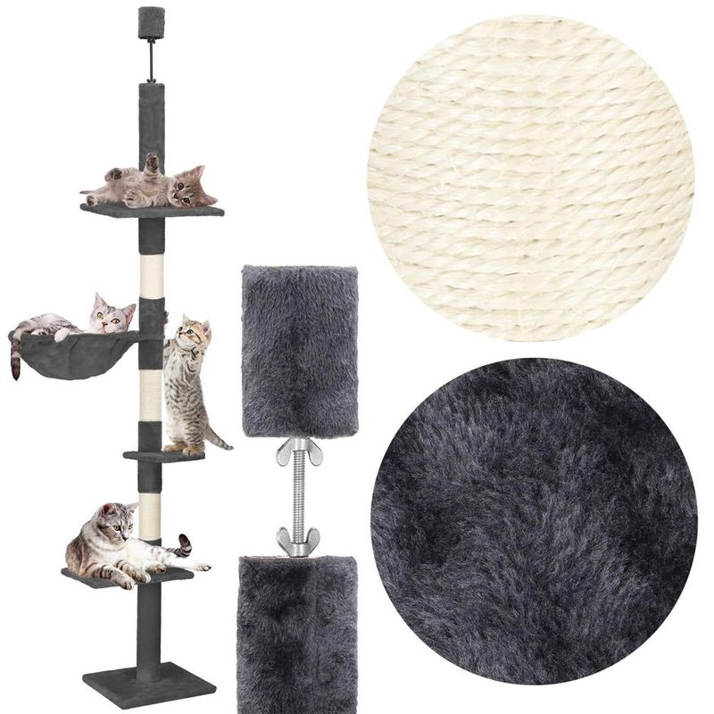 Petshop - Accesorii petshop - Jucarii animale - Ansambluri de joaca - Ansamblu joaca pisici stalp catarat pana la tavan reglabil, 240-265 cm, stalpi sisal, gri inchis - Infinity.ro