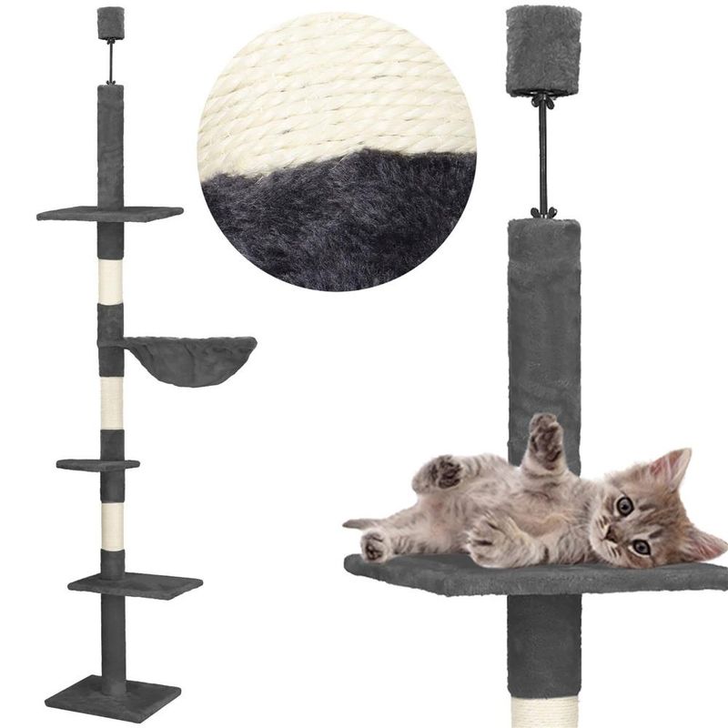 Petshop - Accesorii petshop - Jucarii animale - Ansambluri de joaca - Ansamblu joaca pisici stalp catarat pana la tavan reglabil, 240-265 cm, stalpi sisal, gri inchis - Infinity.ro