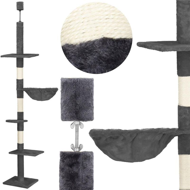 Petshop - Accesorii petshop - Jucarii animale - Ansambluri de joaca - Ansamblu joaca pisici stalp catarat pana la tavan reglabil, 240-265 cm, stalpi sisal, gri inchis - Infinity.ro
