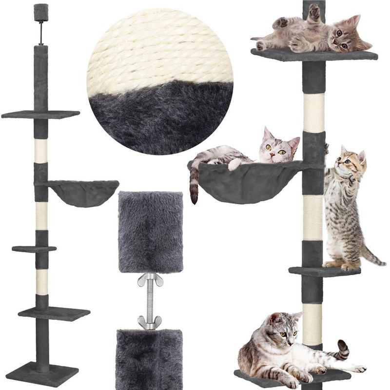 Petshop - Accesorii petshop - Jucarii animale - Ansambluri de joaca - Ansamblu joaca pisici stalp catarat pana la tavan reglabil, 240-265 cm, stalpi sisal, gri inchis - Infinity.ro