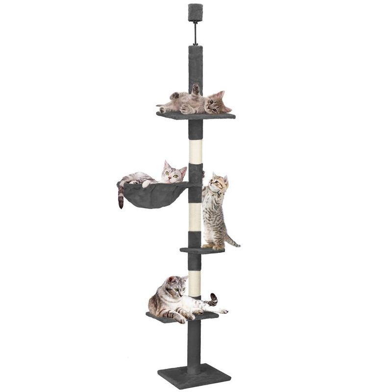Petshop - Accesorii petshop - Jucarii animale - Ansambluri de joaca - Ansamblu joaca pisici stalp catarat pana la tavan reglabil, 240-265 cm, stalpi sisal, gri inchis - Infinity.ro