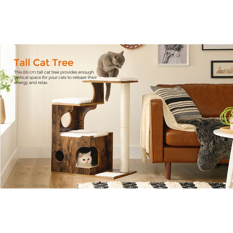 Petshop - Accesorii petshop - Jucarii animale - Ansambluri de joaca - Ansamblu de joaca pentru pisici, tip mobilier, MDF, cu 3 culcusuri si ascunzatoare, 66x40x86cm, maro rustic - Infinity.ro