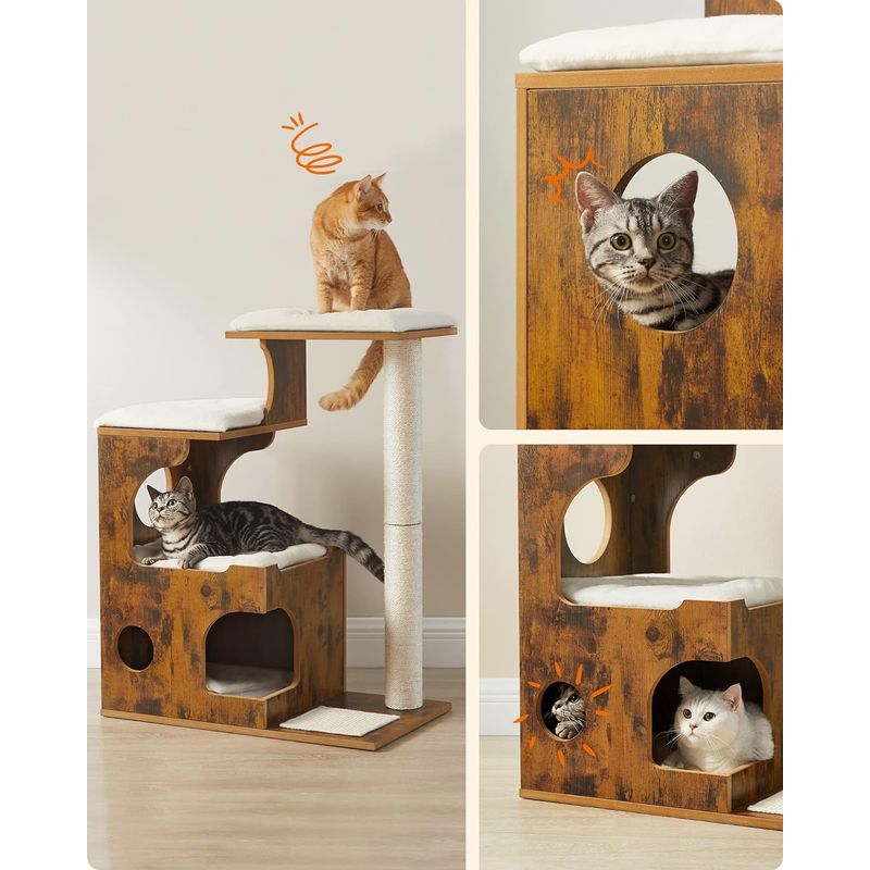 Petshop - Accesorii petshop - Jucarii animale - Ansambluri de joaca - Ansamblu de joaca pentru pisici, tip mobilier, MDF, cu 3 culcusuri si ascunzatoare, 66x40x86cm, maro rustic - Infinity.ro