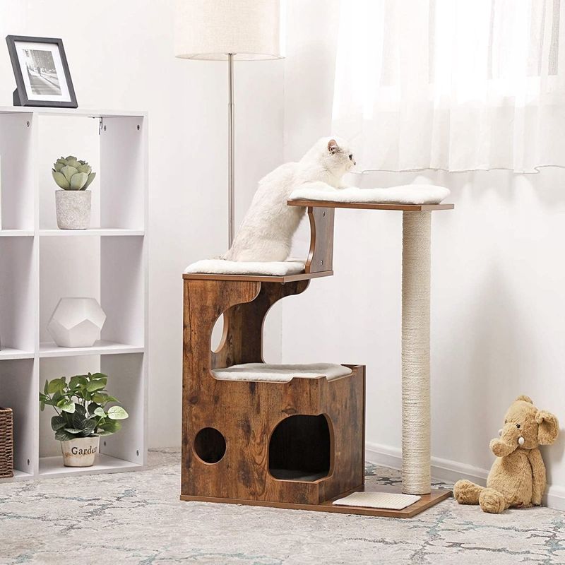 Petshop - Accesorii petshop - Jucarii animale - Ansambluri de joaca - Ansamblu de joaca pentru pisici, tip mobilier, MDF, cu 3 culcusuri si ascunzatoare, 66x40x86cm, maro rustic - Infinity.ro
