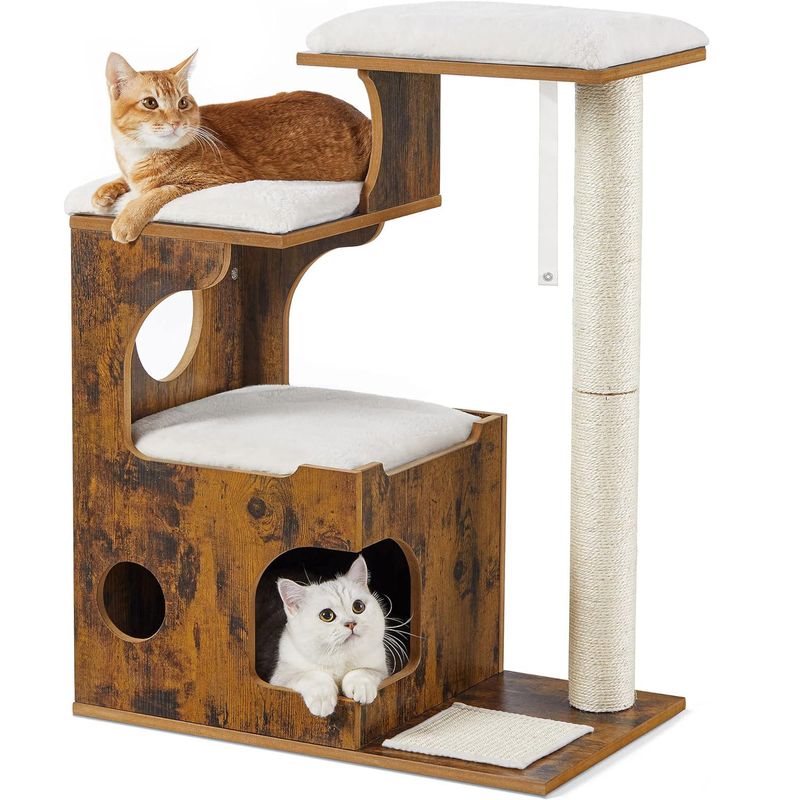 Petshop - Accesorii petshop - Jucarii animale - Ansambluri de joaca - Ansamblu de joaca pentru pisici, tip mobilier, MDF, cu 3 culcusuri si ascunzatoare, 66x40x86cm, maro rustic - Infinity.ro