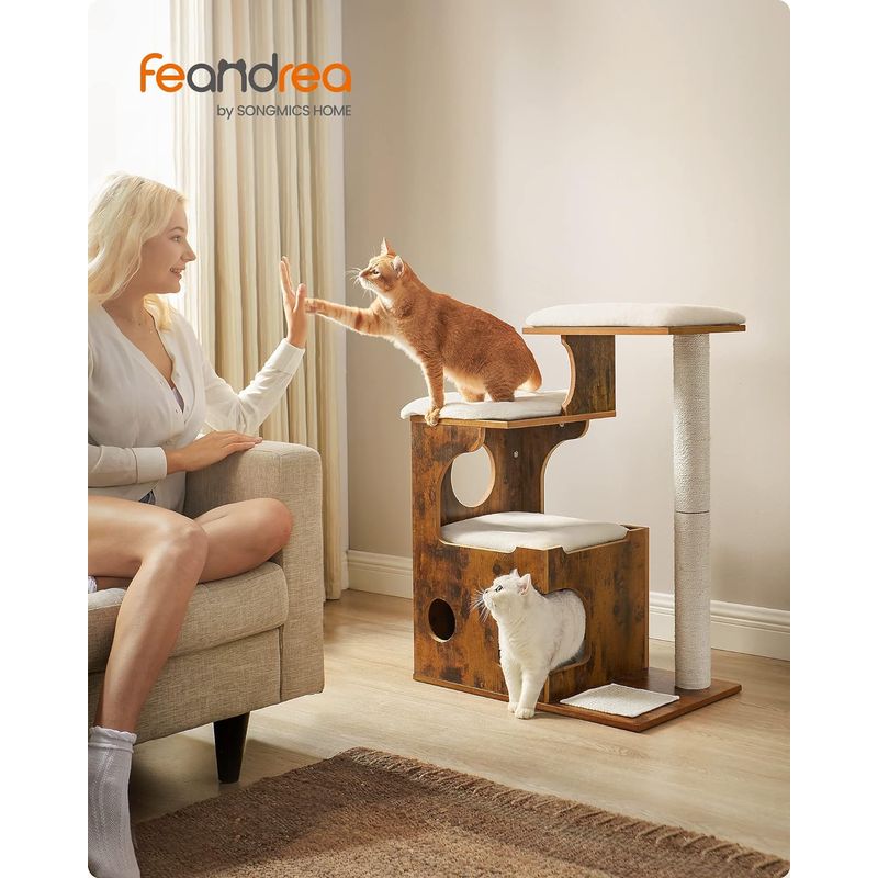 Petshop - Accesorii petshop - Jucarii animale - Ansambluri de joaca - Ansamblu de joaca pentru pisici, tip mobilier, MDF, cu 3 culcusuri si ascunzatoare, 66x40x86cm, maro rustic - Infinity.ro