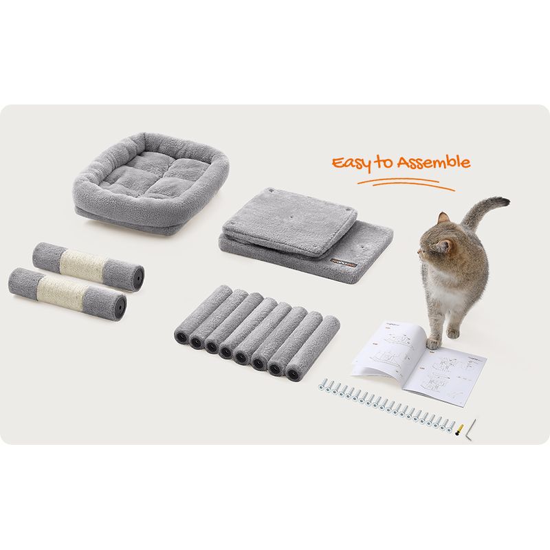 Petshop - Accesorii petshop - Jucarii animale - Ansambluri de joaca - Ansamblu de joaca pentru pisici cu 2 casute, platforma si stalpi sisal, 49x32x74 cm, gri deschis - Infinity.ro