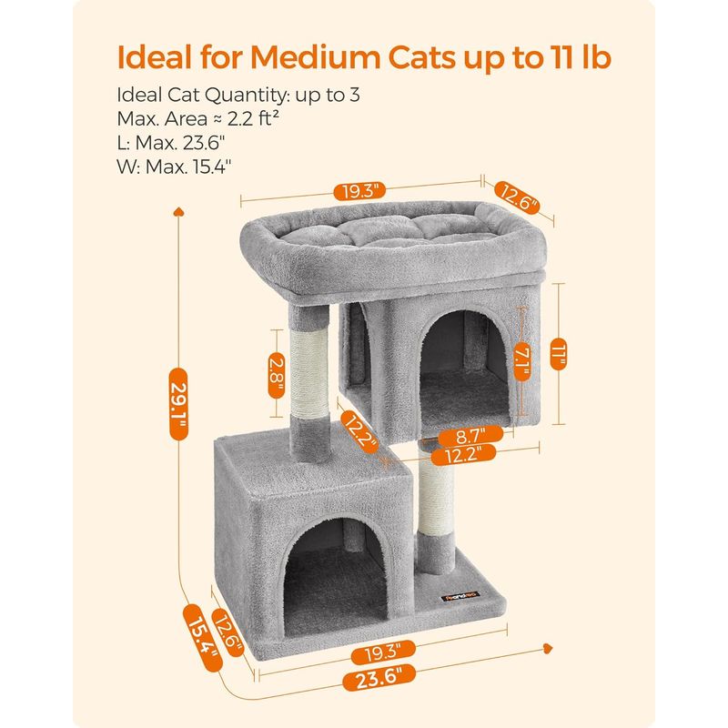Petshop - Accesorii petshop - Jucarii animale - Ansambluri de joaca - Ansamblu de joaca pentru pisici cu 2 casute, platforma si stalpi sisal, 49x32x74 cm, gri deschis - Infinity.ro