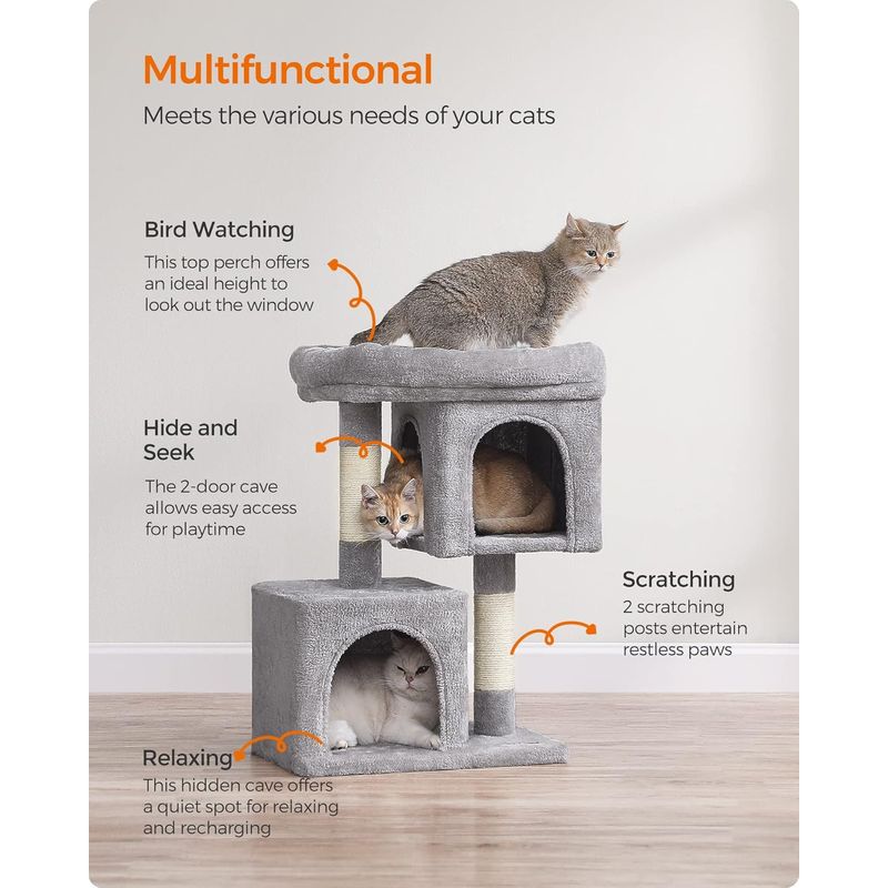 Petshop - Accesorii petshop - Jucarii animale - Ansambluri de joaca - Ansamblu de joaca pentru pisici cu 2 casute, platforma si stalpi sisal, 49x32x74 cm, gri deschis - Infinity.ro