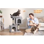 Petshop - Accesorii petshop - Jucarii animale - Ansambluri de joaca - Ansamblu de joaca pentru pisici cu 2 casute, platforma si stalpi sisal, 49x32x74 cm, gri deschis - Infinity.ro