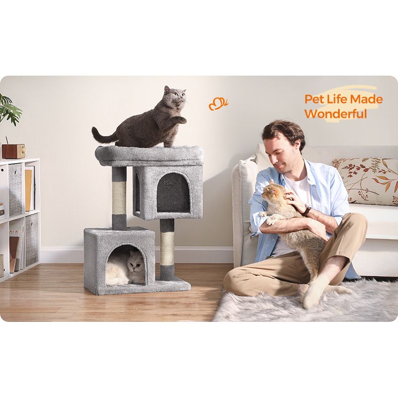 Petshop - Accesorii petshop - Jucarii animale - Ansambluri de joaca - Ansamblu de joaca pentru pisici cu 2 casute, platforma si stalpi sisal, 49x32x74 cm, gri deschis - Infinity.ro