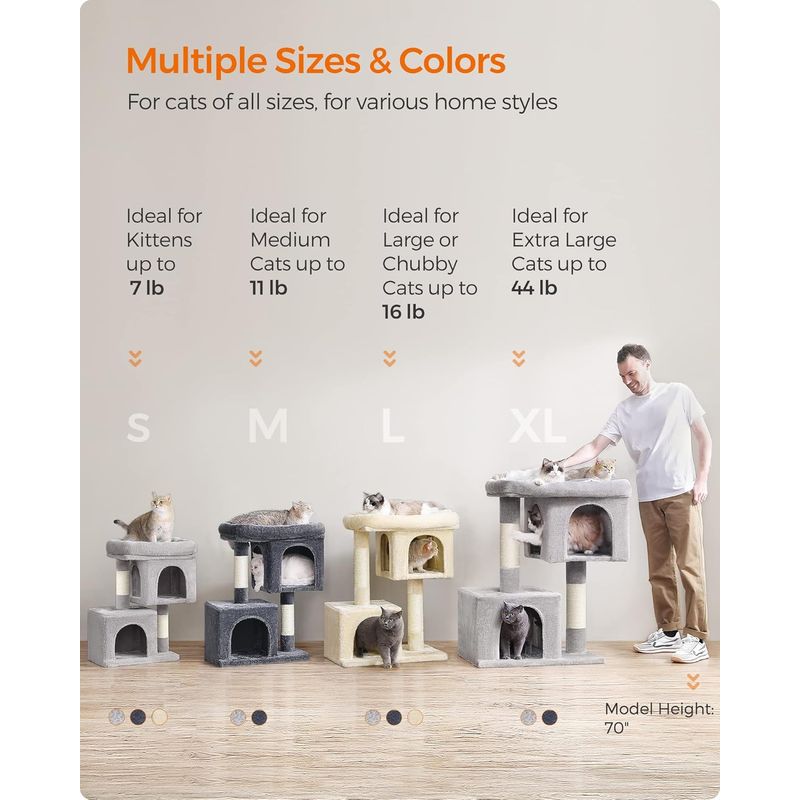 Petshop - Accesorii petshop - Jucarii animale - Ansambluri de joaca - Ansamblu de joaca pentru pisici cu 2 casute, platforma si stalpi sisal, 49x32x74 cm, gri deschis - Infinity.ro