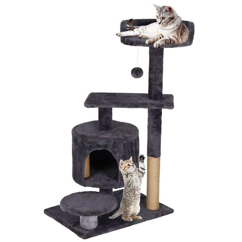 Petshop - Accesorii petshop - Jucarii animale - Ansambluri de joaca - Ansamblu joaca pisici 5 niveluri cu pestera, culcus si pompon sisal, 7 stalpi zgariat, 49x34x87 cm, grafit - Infinity.ro