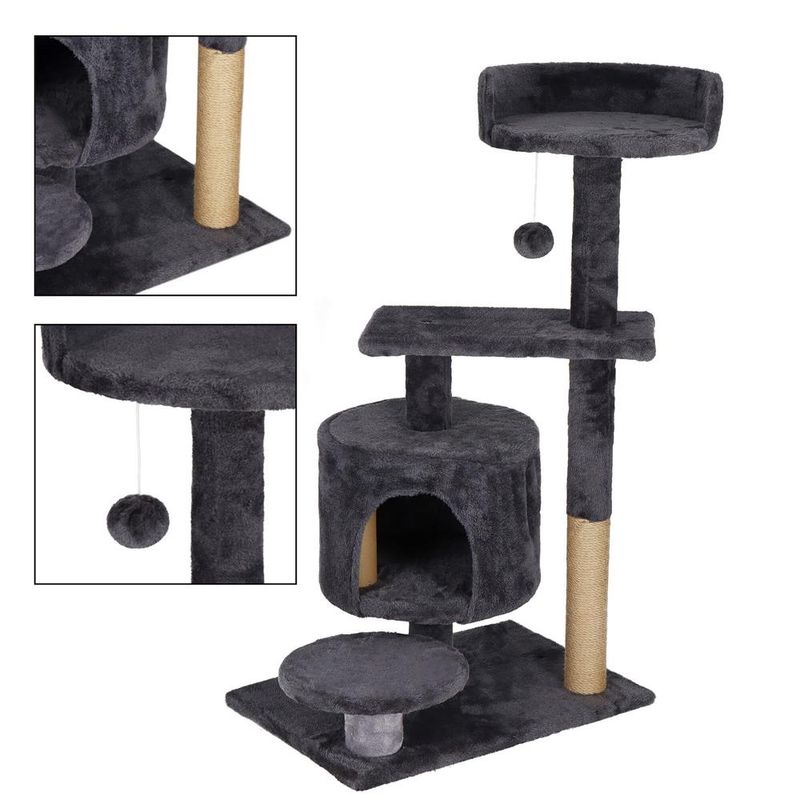 Petshop - Accesorii petshop - Jucarii animale - Ansambluri de joaca - Ansamblu joaca pisici 5 niveluri cu pestera, culcus si pompon sisal, 7 stalpi zgariat, 49x34x87 cm, grafit - Infinity.ro