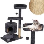 Petshop - Accesorii petshop - Jucarii animale - Ansambluri de joaca - Ansamblu joaca pisici 5 niveluri cu pestera, culcus si pompon sisal, 7 stalpi zgariat, 49x34x87 cm, grafit - Infinity.ro