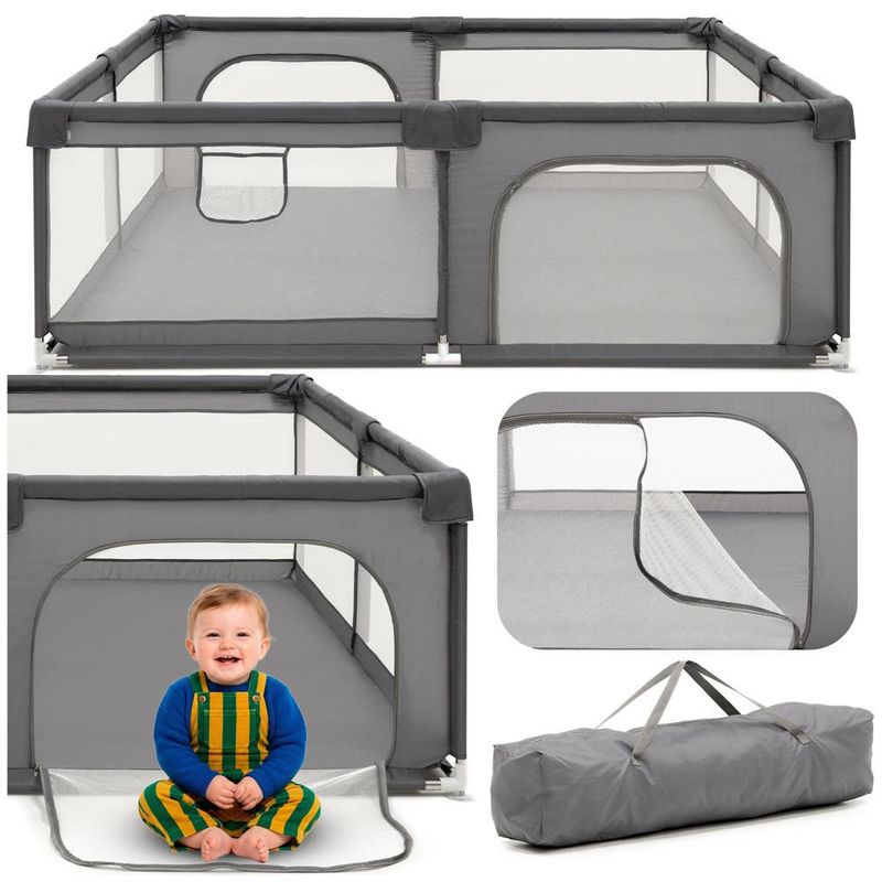 Petshop - Accesorii petshop - Culcusuri si custi - Tarcuri si colivii - Tarc joaca pliabil copii intrare fermoar plasa protectie, 200x180x66 cm, sigur, gri - Infinity.ro