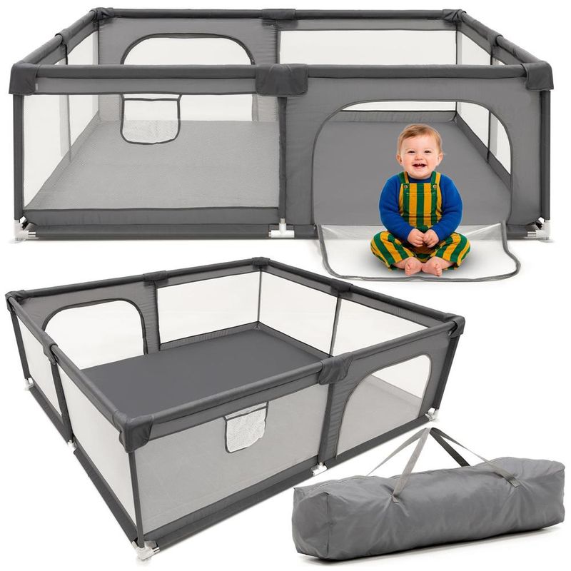 Petshop - Accesorii petshop - Culcusuri si custi - Tarcuri si colivii - Tarc joaca pliabil copii intrare fermoar plasa protectie, 200x180x66 cm, sigur, gri - Infinity.ro
