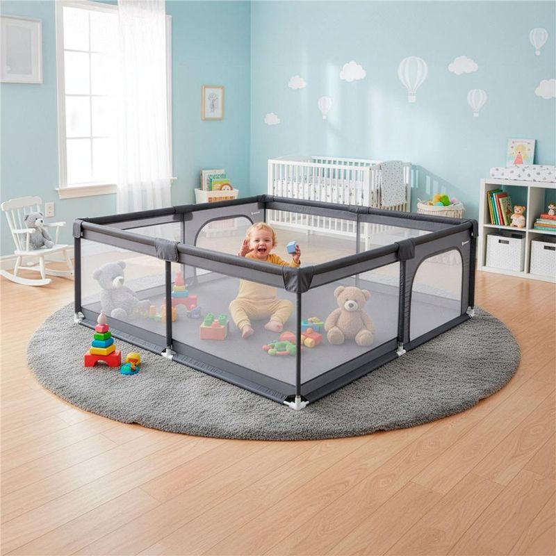 Petshop - Accesorii petshop - Culcusuri si custi - Tarcuri si colivii - Tarc joaca pliabil copii intrare fermoar plasa protectie, 200x180x66 cm, sigur, gri - Infinity.ro