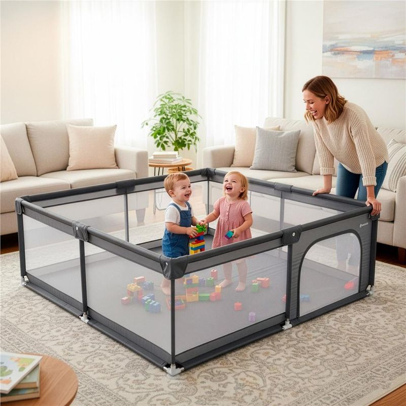 Petshop - Accesorii petshop - Culcusuri si custi - Tarcuri si colivii - Tarc joaca pliabil copii intrare fermoar plasa protectie, 200x180x66 cm, sigur, gri - Infinity.ro
