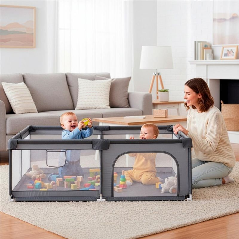 Petshop - Accesorii petshop - Culcusuri si custi - Tarcuri si colivii - Tarc joaca pliabil copii intrare fermoar plasa protectie, 200x180x66 cm, sigur, gri - Infinity.ro
